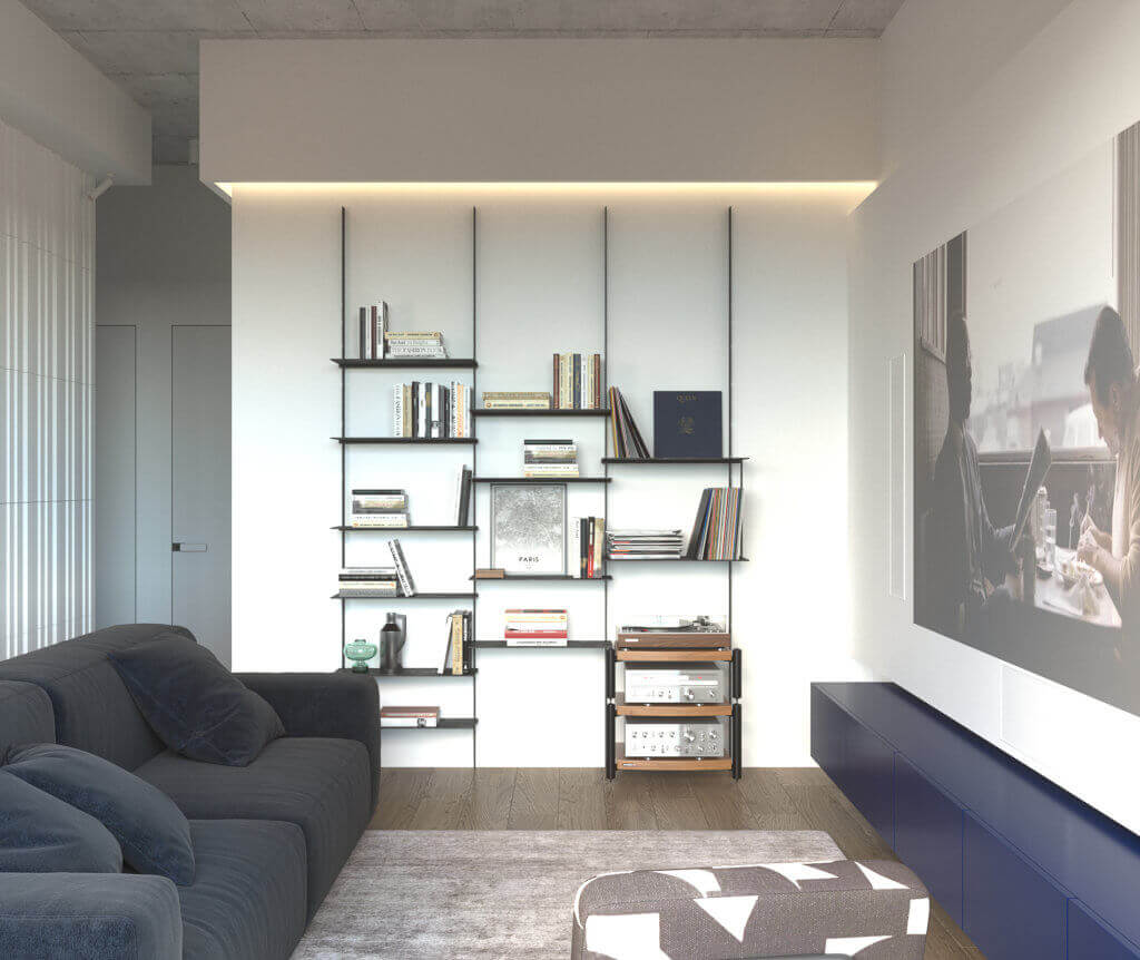 Stylish city apartment living room bookshelf - cgi visualization