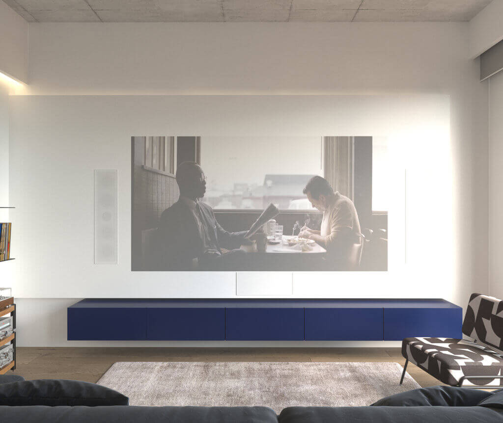Stylish city apartment living room tv wall wood - cgi visualization