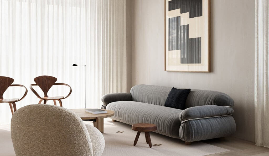 Trendy & cozy interior living room sofa fabric - cgi visualization