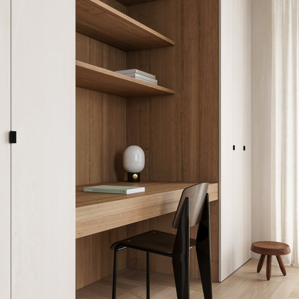 Trendy & cozy interior office furniture wood sideboard - cgi visualization