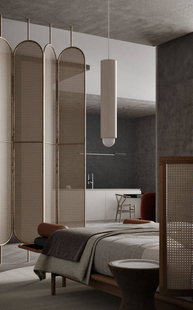 Trendy living apartment bedroom kitchen room divider - cgi visualization