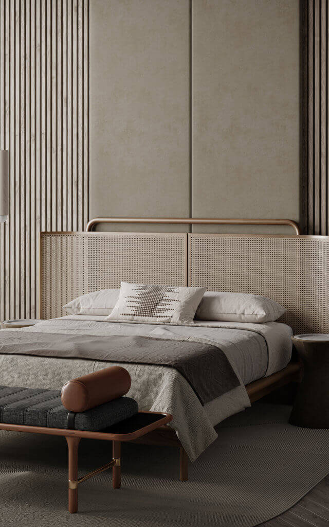 Trendy living apartment bedroom wood - cgi visualization