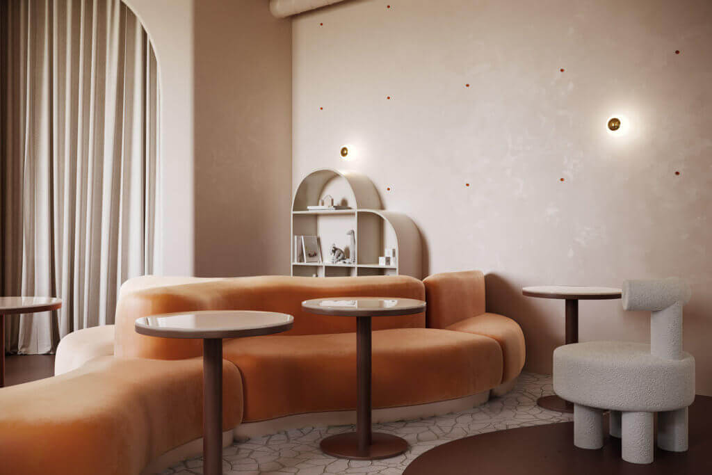 Trendy & stylish pastel bar bench seater orange leather - cgi visualization