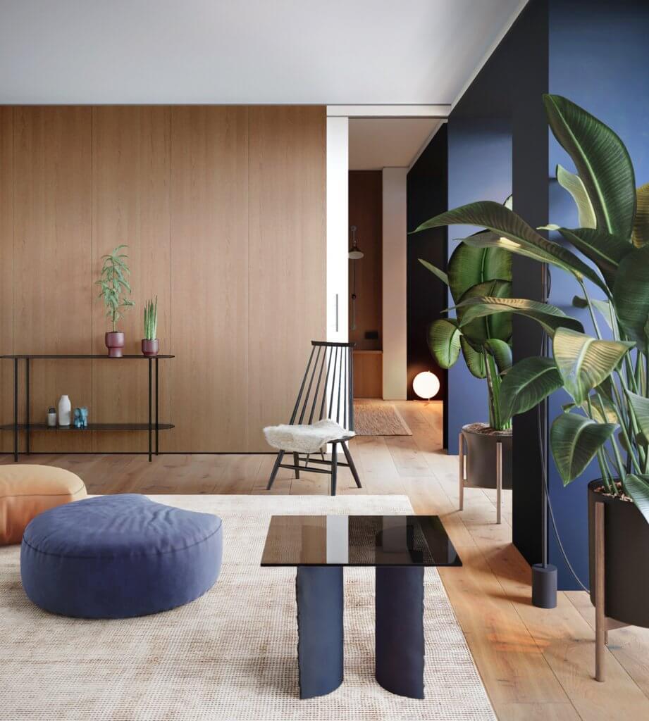 Peaceful & trendy living interior design - cgi visualization